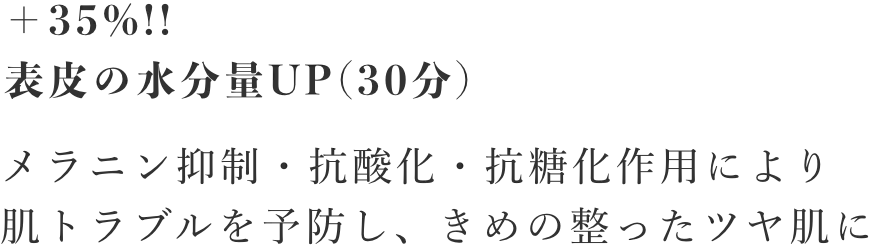 ＋35%!!表皮の水分量UP(30分)/メラニン抑制・抗酸化・抗糖化作用により肌トラブルを予防し、きめの整ったツヤ肌に